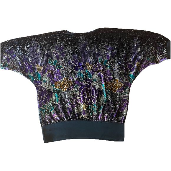 Vintage 80s Batwing Floral Embellished Purple Gold Glitter Top Glam Retro - Picture 4 of 8